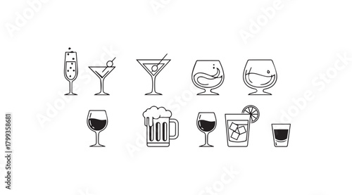 Collection of various alcoholic beverage glasses silhouette
