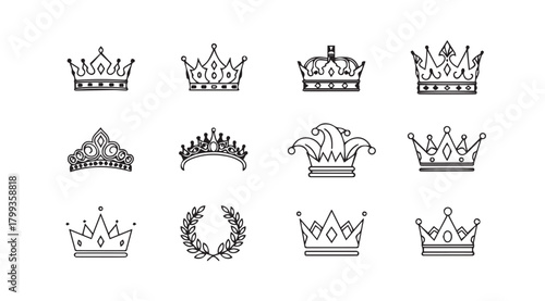 Collection of twelve ornate royal crown illustrations in silhouette style