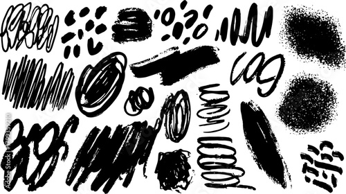 Bold brush strokes and textures in black. Abstract vector illustration featuring a set of expressive graphic elements.
