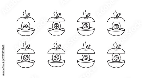 Eight halved apple silhouettes showing core and seeds in a row