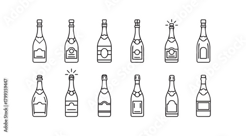 Collection of twelve champagne bottle silhouettes with celebratory details silhouette