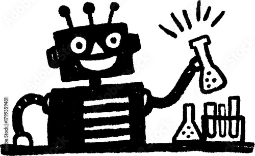 Cute cartoon robot in a lab holding a flask. Simple vector illustration designed for playful science-themed projects.