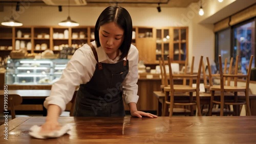 Cinematic lifestyle video footage of a cafe worker wiping a wooden table during closing time, emphasizing cleanliness, hospitality, and daily routine.
