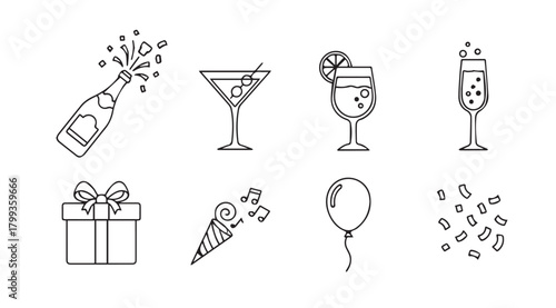 Celebration icons collection featuring champagne bottle martini and gift box silhouette