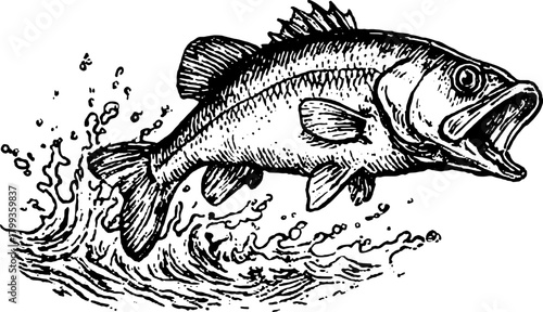 Vintage line drawing of a fish leaping from water. This detailed vector illustration captures dynamic motion in an engaging style.