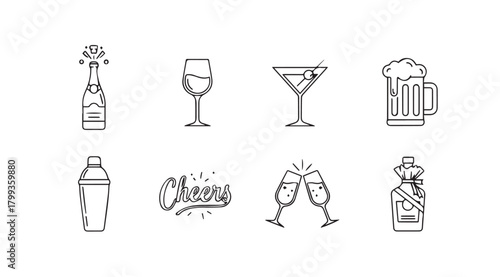 Collection of various beverage icons in a simple outline silhouette style