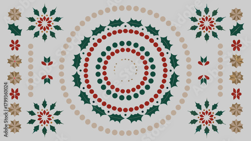 Festive christmas holly and starburst pattern with circles