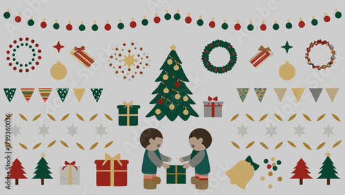 Christmas elements and children exchanging gifts illustration