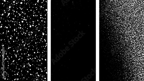 Grunge texture overlay set with speckled patterns in black and white. A digital vector illustration suitable for background designs.