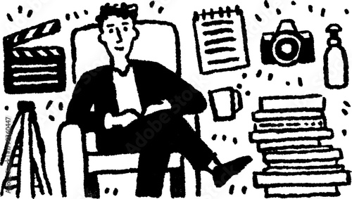 A man sitting in a chair with a clapperboard, camera, notepad, cup, and stacks is presented in a hand-drawn style. This vector illustration represents a creative set.