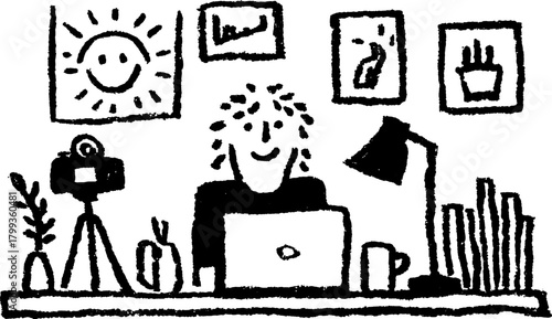 Person sitting at a desk with a computer, camera, and plant. Hand-drawn black and white vector illustration of an office set.