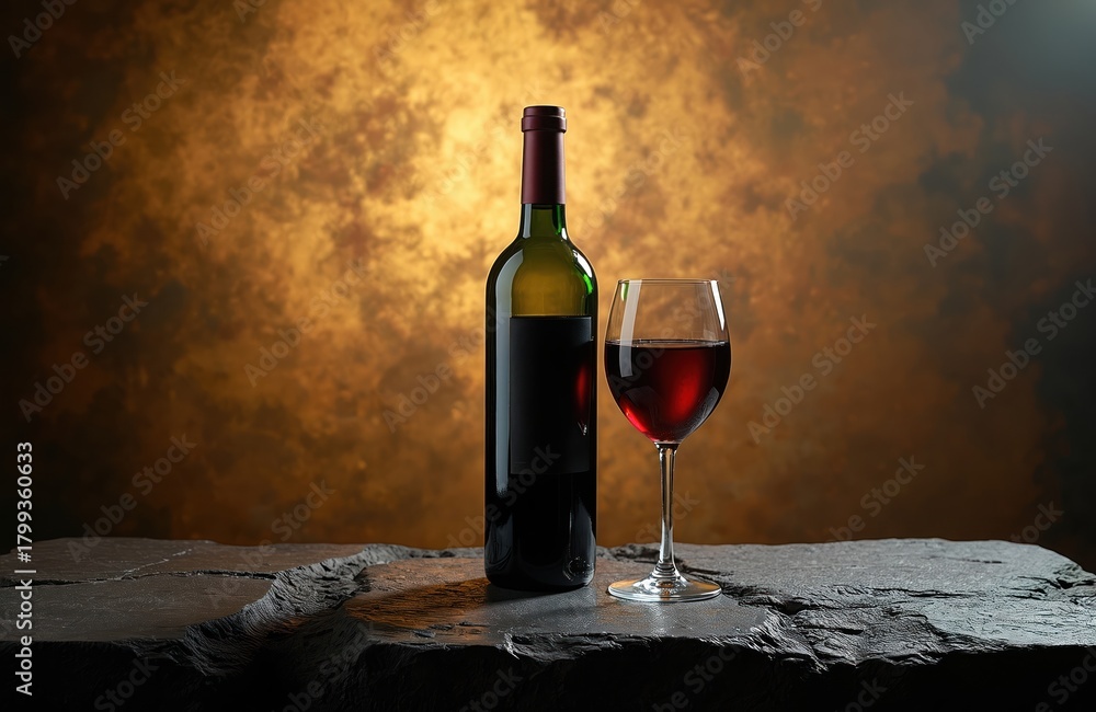 Naklejka premium Green bottle of red wine and full glass rest on rough dark stone surface. Textured golden background adds depth. Perfect for depicting tasting or celebration.