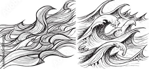 Hand-Drawn Abstract and Traditional Ocean Waves Black Line Art Vector
