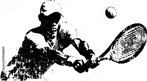 Tennis player in action, hitting a ball with a racket. Black and white vector illustration showcasing dynamic movement.