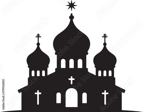 Silhouette of a russian orthodox church with multiple domes and crosses