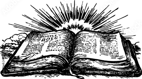 Open holy book illustration in black and white design. A classic vector representation focusing on scripture and sacred text.
