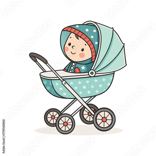 Cute Baby Sitting in a Star-Themed Stroller Illustration