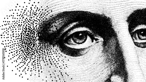 Detailed eye artwork in black and white. Artistic dot texture vector illustration featuring a portrait style, emphasizing contrasts.