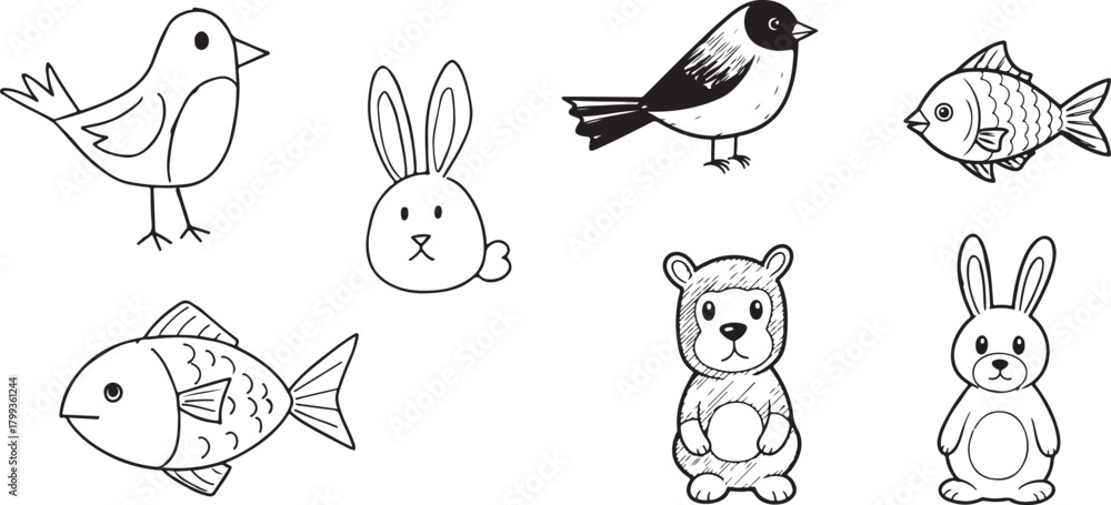 Obraz premium Simple Hand-Drawn Black and White Animal Doodle Vector Collection