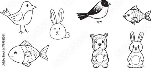Simple Hand-Drawn Black and White Animal Doodle Vector Collection