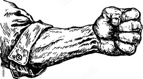 Fist and arm illustration in graphic style. Bold monochrome vector illustration showcasing strength and power in a detailed set.