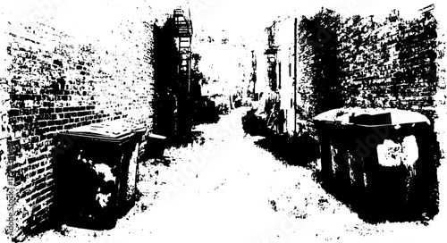 Engraving of an urban alley scene featuring waste bins. This vintage black line drawing is an artistic vector illustration set in a detailed environment.
