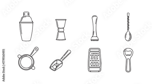 Collection of bartending tools and cocktail shaker silhouette