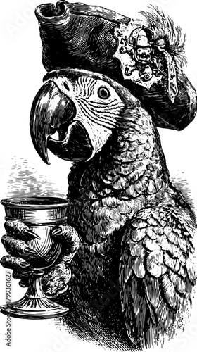 Vintage parrot character with ornate hat and cup. Whimsical black and white vector illustration set featuring a detailed bird design.