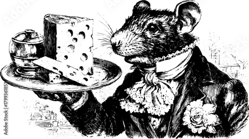 Mouse in a tuxedo serving cheese on a platter. Charming vintage illustration featuring detailed artwork in black and white vector style.