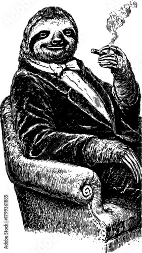 Dapper sloth smoking a cigar while lounging on a vintage couch. Monochrome vector illustration capturing a humorous and sophisticated character in style.