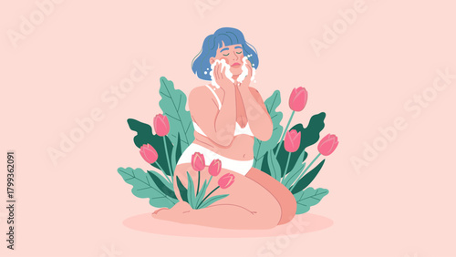 Woman with blue hair applying facial cream surrounded by tulips