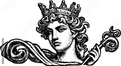 Vintage engraving of a female figure with a crown and ornate details. A monochrome vector illustration capturing an elegant character.