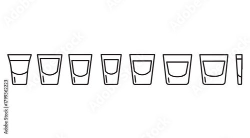 A line of seven distinct shot glasses in silhouette style