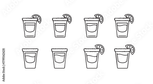 Eight hand drawn cocktail glasses with lime garnish silhouette