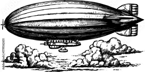 Blimp and airship illustration in a vintage engraving style. This set outlines a retro transportation against clouds, showcasing detailed vector work.