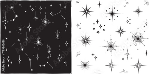 Hand-drawn Black and White Star and Sparkle Celestial Vector Pattern Set
