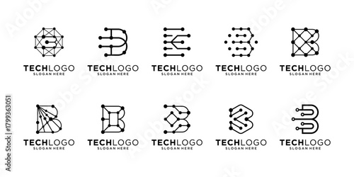 Set of letter B logo design inspiration. Abstract circuit shape with initial B. Geometric logo isolated on white background. Icon design vector.