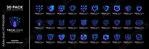 Set of shield security tech logo design inspiration. Abstract shape with gradient blue purple logo. Geometric logo icon vector isolated on white background.