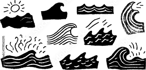 Wave patterns in black texture style. Vector illustration showcasing sea and ocean elements in a dynamic design set.