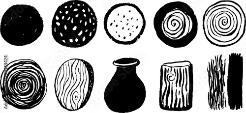 Circular shapes with various textures in black and white vector illustration. The set includes smooth and wavy designs, ideal for graphic projects.