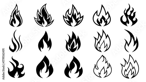 Collection of fifteen flame icons showing various shapes and styles in black and white color scheme vreated with genrated ai
