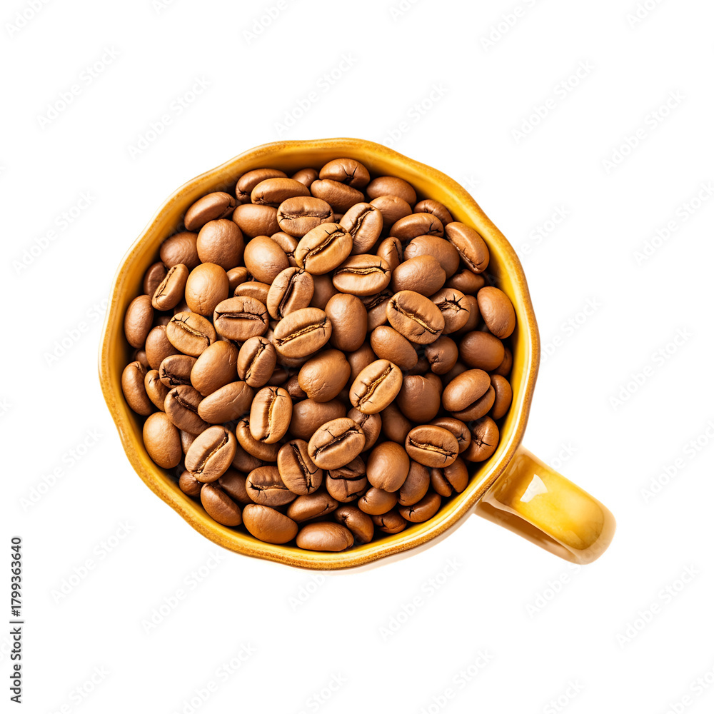 Fototapeta premium Overhead view of roasted coffee beans in a mug isolated on transparent background