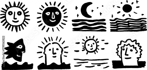 Sun and moon doodles with waves in black outline style. Simple cartoon illustrations featuring human faces, set against a minimalist vector background.
