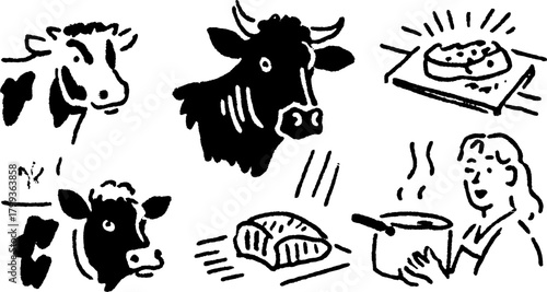 Illustration of cow and dairy food in black and white. Simple graphic elements depict cooking and baking processes in a kitchen set. Vector illustration.