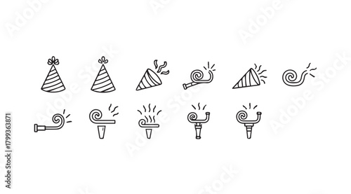 Collection of hand drawn party hats noise makers and confetti silhouette