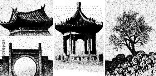 Japanese pavilion with a tree and rocks in a detailed vector illustration. Traditional architecture and nature create a harmonious set.