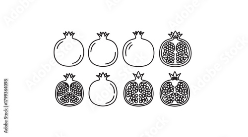Collection of pomegranate silhouettes showing whole and halved fruits