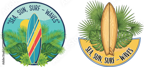 Illustrated Surfboard Emblems with Tropical Foliage, Summer Text, and Beach Theme