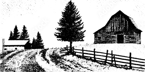 Antique engraving of a rustic barn surrounded by trees. Outline drawing captures a rural landscape with a winding road. Vintage vector illustration.