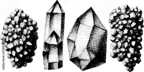 Illustration of crystal stones in a black set. A simple and flat vector design with distinct textures and shapes for a clear visual impact.